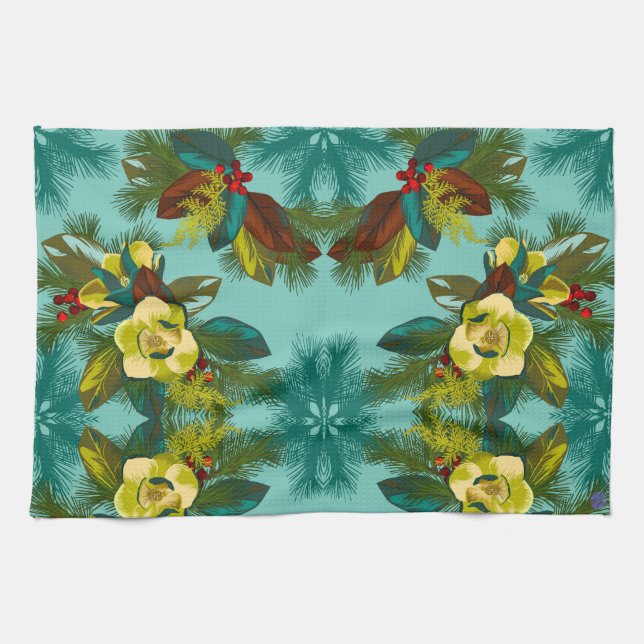 Light Aqua Magnolia Blommigt Print Kitchen Towel Kökshandduk (Horisontell)
