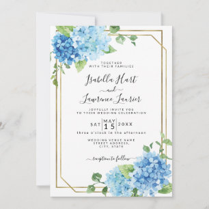 Light Baby blue Blommigt Hydrangea Guld Bröllop Inbjudningar