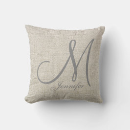 Light BEIGE ECRU Linen GRÅTT Monogram Kudde