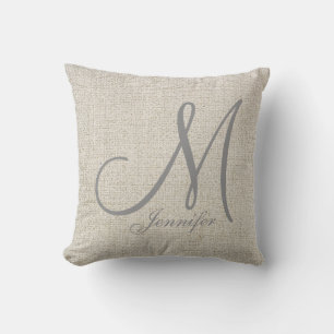 Light BEIGE ECRU Linen GRÅTT Monogram Kudde