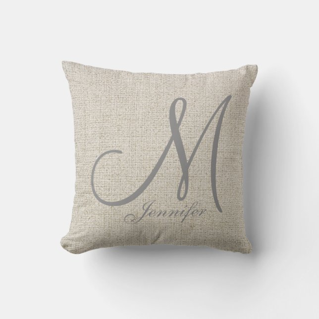 Light BEIGE ECRU Linen GRÅTT Monogram Kudde (Framsida)