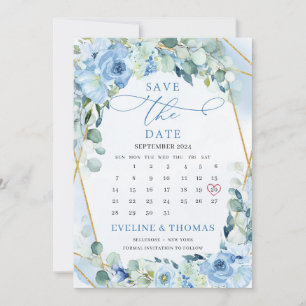 Light Blåa blommor Guld Geometric Month Boho Spara Datumet