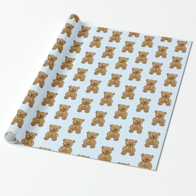 Light Blue and Brown Nalle Boy's Gift Wrap Presentpapper (Utrullad)