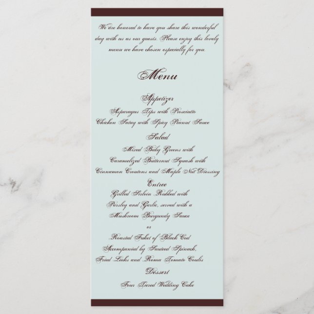 Light Blue and Brown Paisley Bröllop Menu Meny (Framsida)