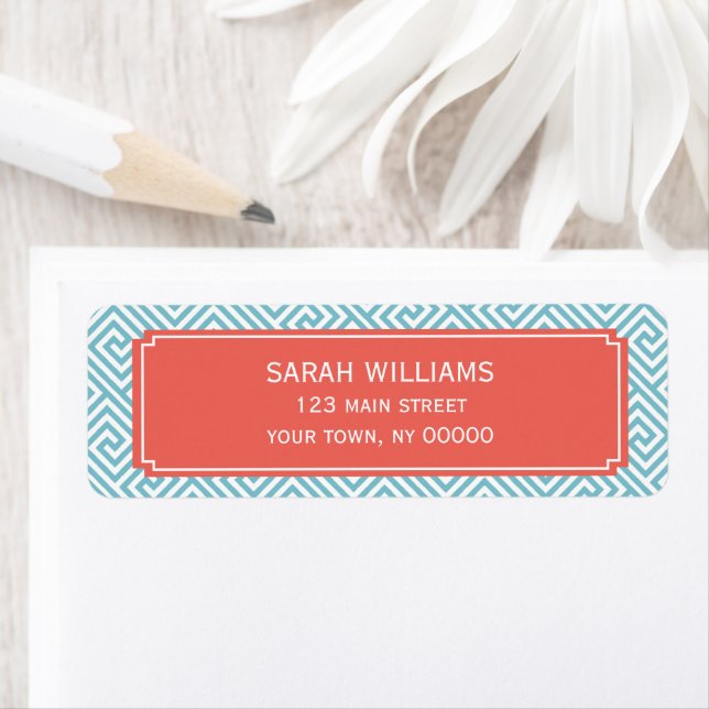 Light Blue and Coral Grekiska Nyckel Mönster Returadress Etikett (Insitu)