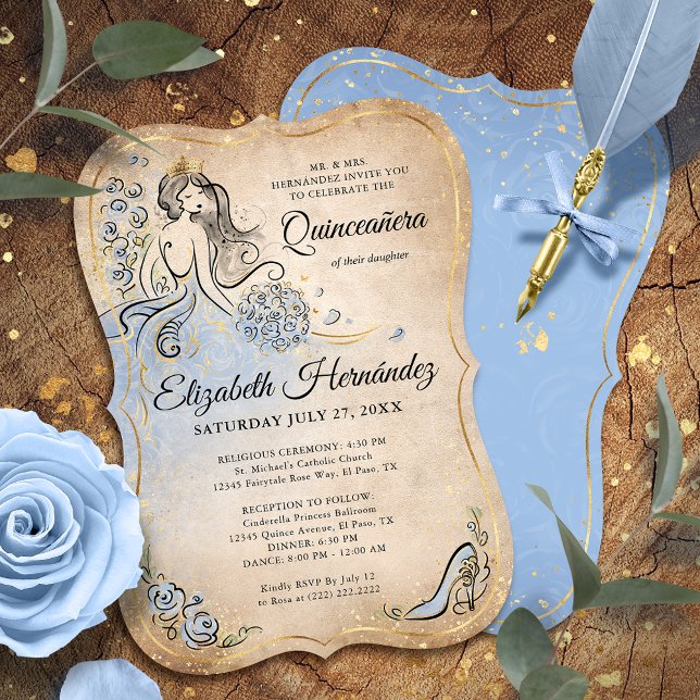 Light Blue and Guld Princess Quinceanera Birthday Inbjudningar (Unique, downloadable gold and light blue quinceanera invitations on an editable DIY template.)