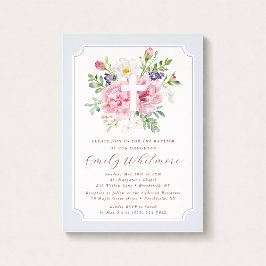 Light Blue and Pink Watercolor Floral Baptism  Inbjudningar