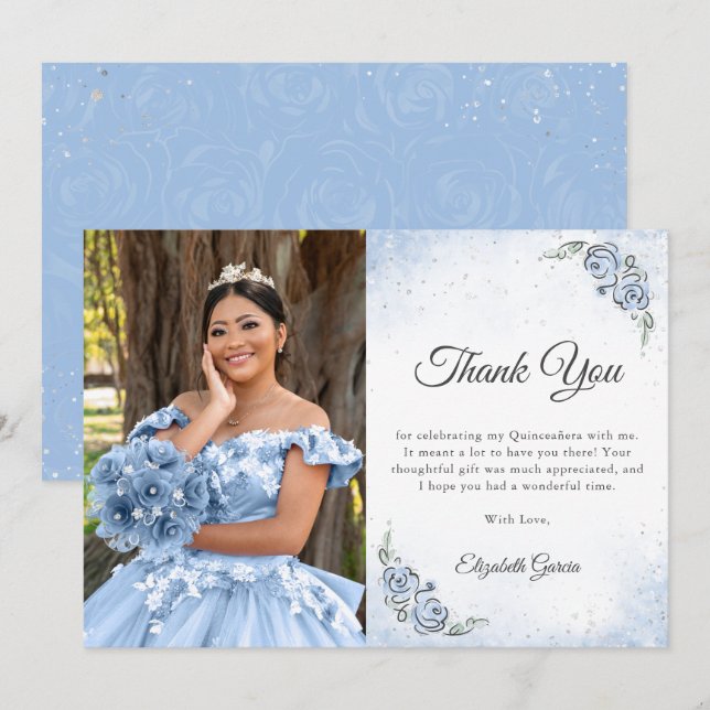 Light Blue and Silver Princess Quinceanera Photo Tack Kort (Fram/baksida)