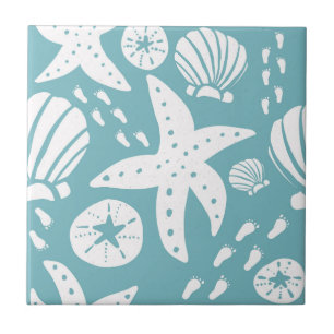 Light Blue and White Beach Seashell Kakelplatta