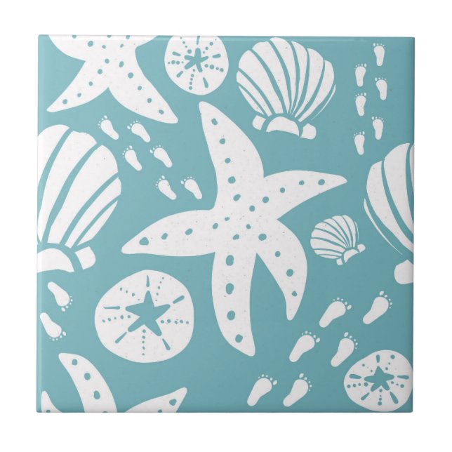 Light Blue and White Beach Seashell Kakelplatta (Framsidan)