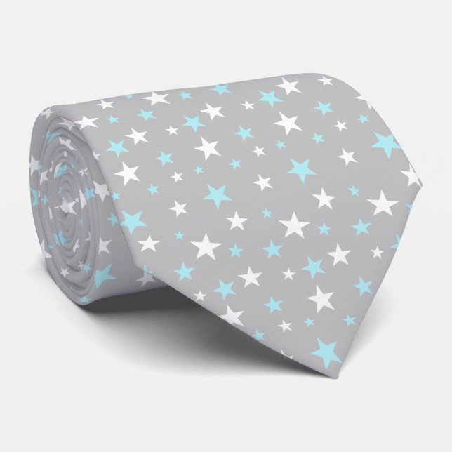 Light Blue and White Stars on Light Silver Grått Slips (Rullad)