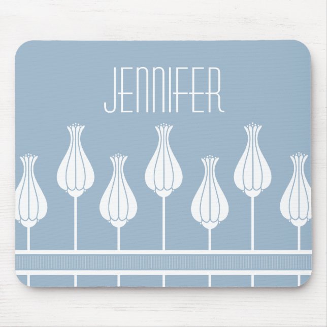 Light Blue Art Deco Blommigt Mousepad Musmatta (Framsidan)