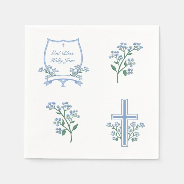 Light Blue Baptism First Communion Blommigt Vapens Pappersservett (Framsidan)