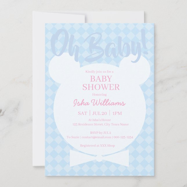 Light Blue Bear bow tied Oh Baby Shower Invitation Inbjudningar (Framsida)