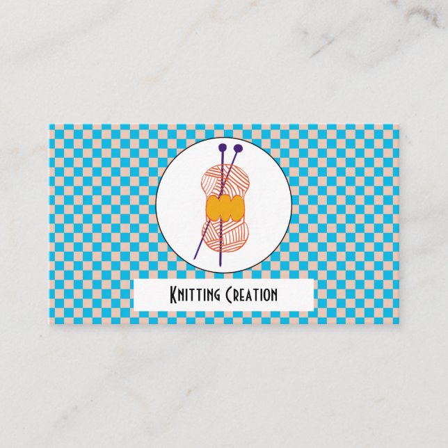 Light Blue & Beige Checks Mönster & Knitting Visitkort (Framsida)