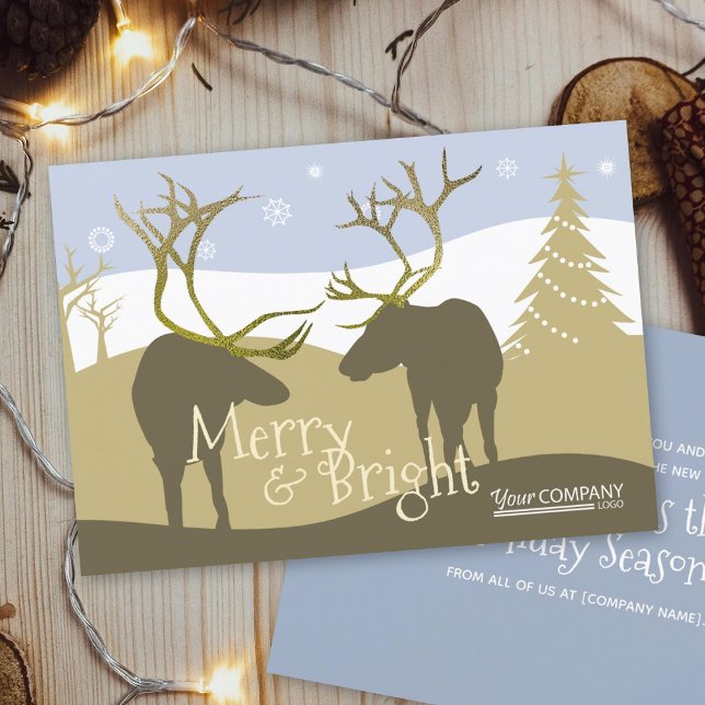 Light Blue, Beige Reindeer Antlers Company Logotyp Inbjudningar (rustic light blue beige gold reindeer forest company logo employee holiday Christmas greeting cards)