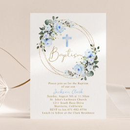 Light Blue Blommigt Baptism Christening Guld Ram Inbjudningar