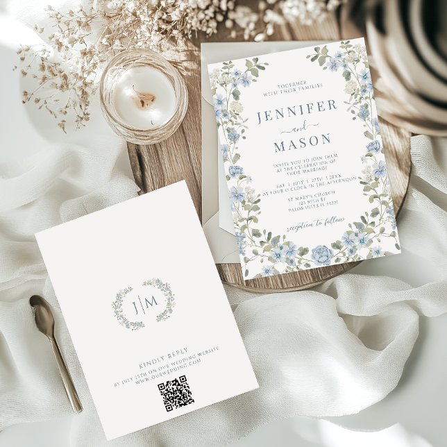 Light Blue Blommigt Greenery Wandeden Garden Weddi Inbjudningar (Skapare uppladdad)