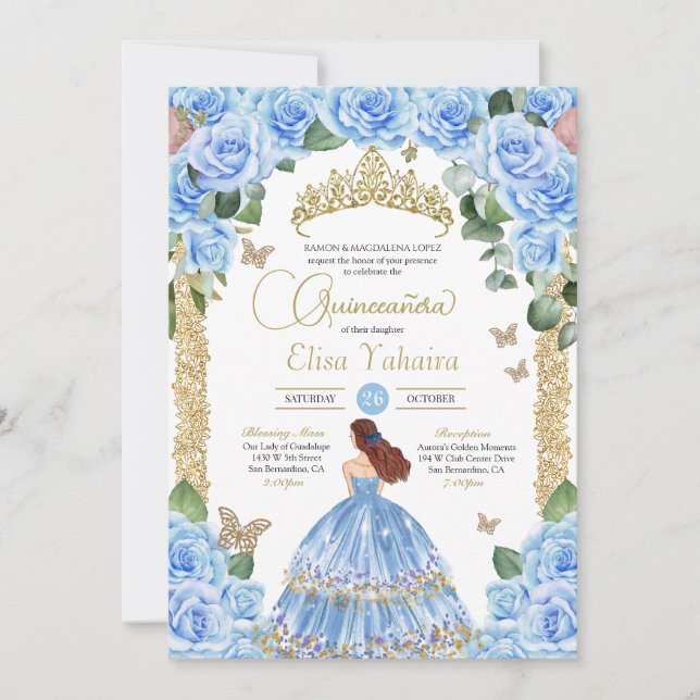 Light Blue Blommigt Guld Butterfly Quinceañera Inbjudningar (Framsida)