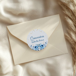 Light Blue Blommigt och Guld Glitter Quinceanera Runt Klistermärke