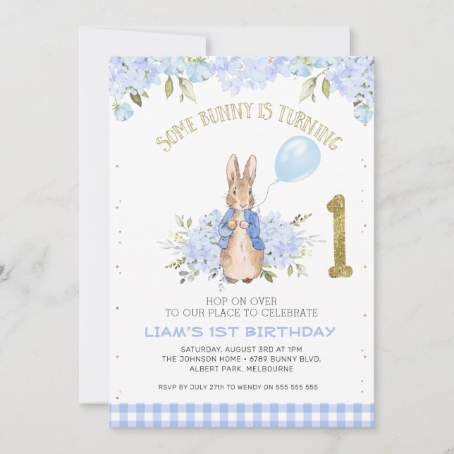 Light Blue Blommigt Peter Rabbit 1:a födelsedagen Inbjudningar (Framsida)