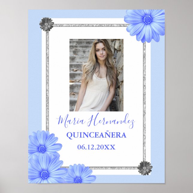 Light Blue Blommigt Quinceanera Poster (Framsidan)