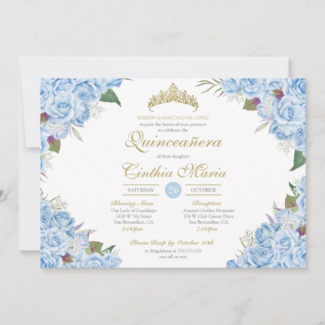 Light Blue Blommigt Ro Cinderella Quinceanera Inbjudningar (Framsida)