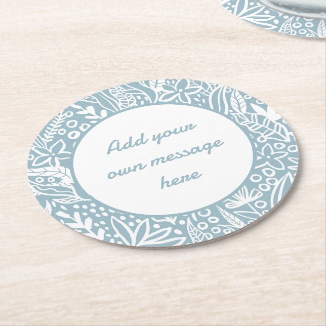 Light Blue Botanical Floral Custom Text Underlägg Papper Rund (Vinklad)