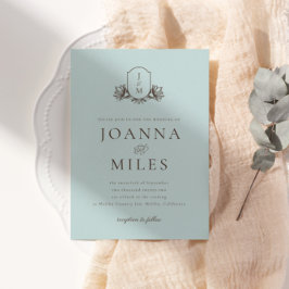 Light Blue Botanical Monogram Vapensköld Bröllop Inbjudningar