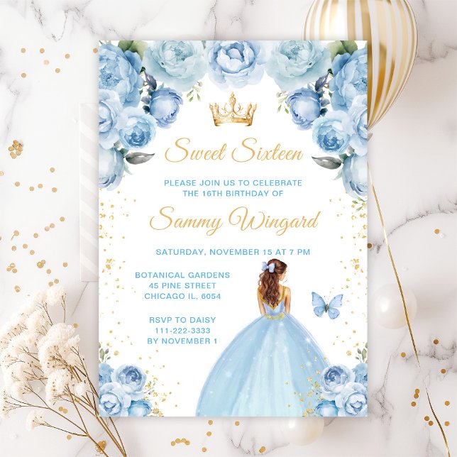 Light Blue Brown Hair Princess Sweet sixteen Inbjudningar (Skapare uppladdad)