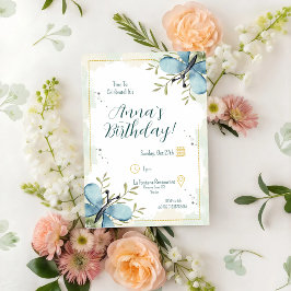 Light Blue Butterfly Watercolor Birthday Inbjudningar