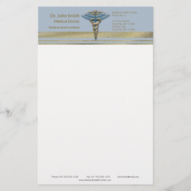 Light Blue Caduceus Faux Guld Foil Rand Medical Brevpapper (Framsida)