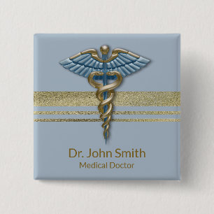Light Blue Caduceus Faux Guld Foil Rand Medical Knapp