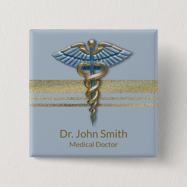 Light Blue Caduceus Faux Guld Foil Rand Medical Knapp (Framsida)