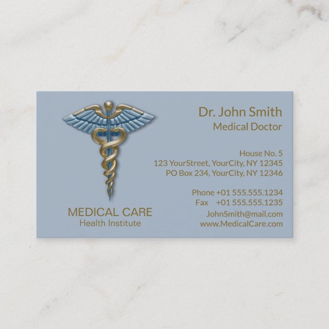 Light Blue Caduceus Medical Faux Guld Foil Rand Visitkort (Framsida)
