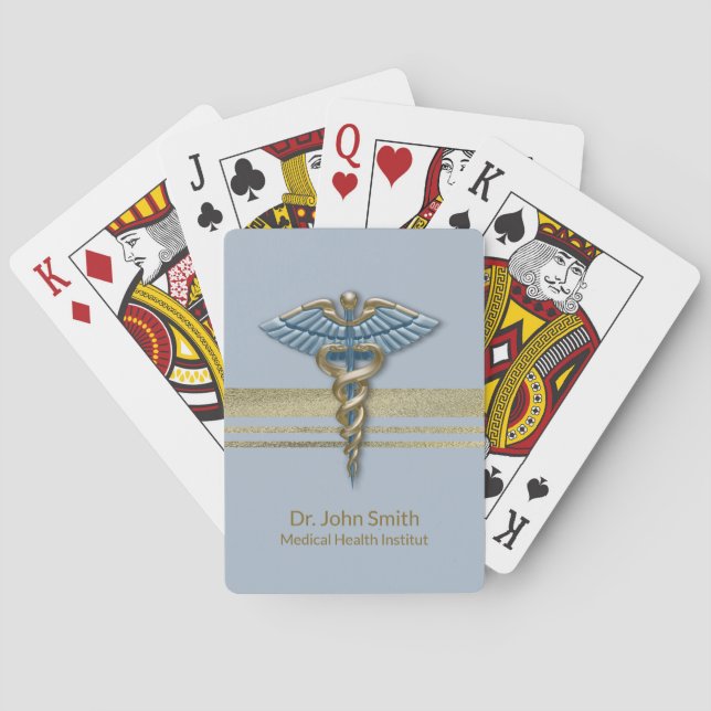 Light Blue Caduceus Medical Gold Foil Faux Rand Casinokort (Baksidan)
