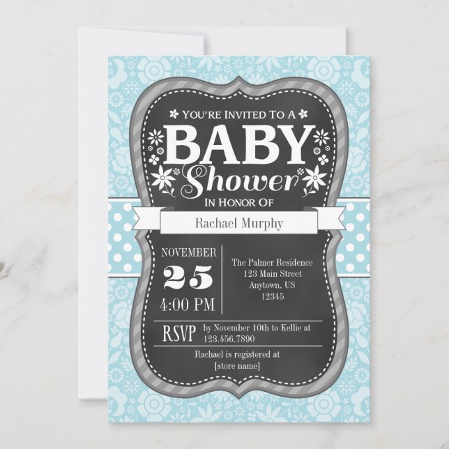 Light Blue Chalkboard Blommigt Baby Shower Inbjuda Inbjudningar (Framsida)