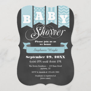 Light Blue Chalkboard Flagga Baby Shower Inbjudan