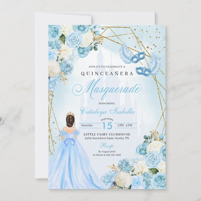 Light Blue Cinderella MasqueraQuinceanera Inbjudningar (Framsida)