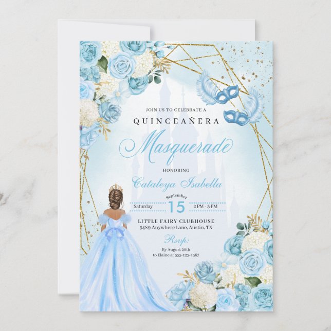 Light Blue Cinderella MasqueraQuinceanera Inbjudningar (Framsida)