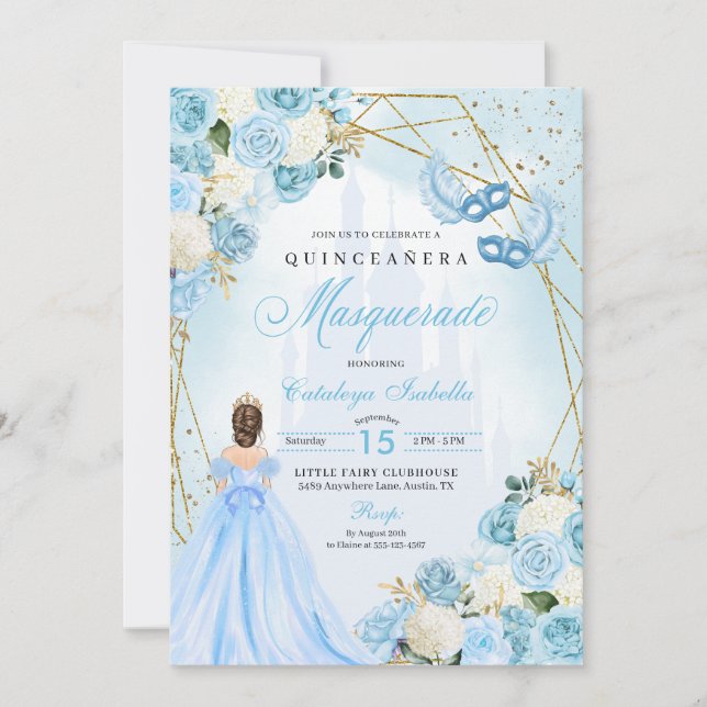 Light Blue Cinderella MasqueraQuinceanera Inbjudningar (Framsida)