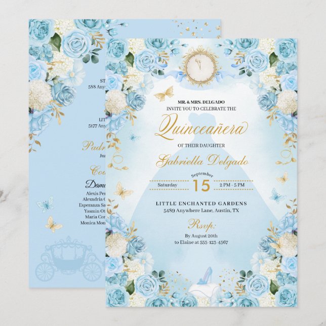 Light Blue Cinderella Princess Dress Quinceanera Inbjudningar (Fram/baksida)