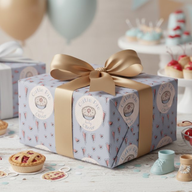 Light Blue Cutie Paj Pojke Presentpapper (Boho A Little Cutie Pie Thanksgiving Baby Shower Wrapping Paper for Fall. Autumn Pie and Cute Hearts)
