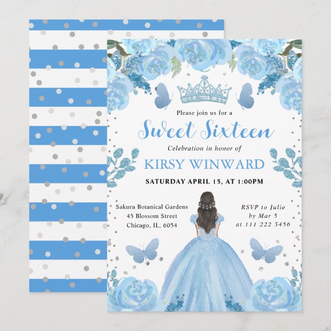 Light Blue Dress Brunette Princess Sweet 16 Inbjudningar (Fram/baksida)