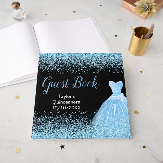 Light Blue Dress Faux Glitter Quinceanera Gästböcker (Framsidan öppen)