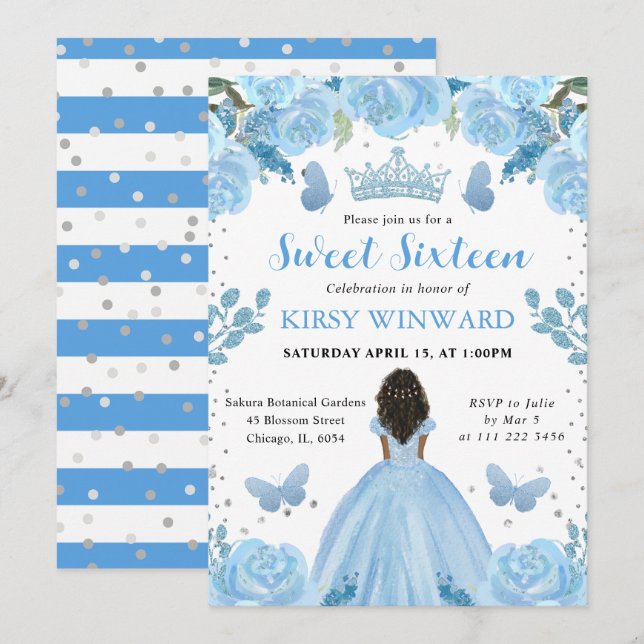Light Blue Dress Mörk Skin Princess Sweet 16 Inbjudningar (Fram/baksida)