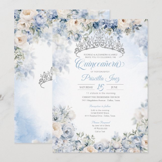 Light Blue Elegant Watercolor Blommigt Quinceañera Inbjudningar (Fram/baksida)