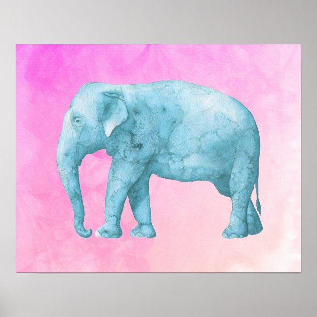 Light Blue Elephant på Dreamy Rosa Watercolor Poster (Framsidan)