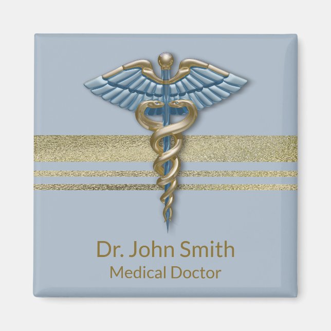 Light Blue Faux guldfoil Rand Medical Caduceus Magnet (Framsidan)