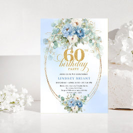 Light Blue Floral Gold 60th Birthday Invitation Inbjudningar
